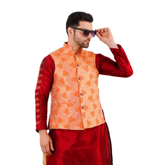 PKRKART Men's Jacquard Self-Design Sleeveless Mandarin Neck Waistcoat (Orange)