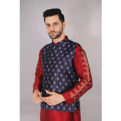 PKRKART Men's Jacquard Self-Design Sleeveless Mandarin Neck Waistcoat (NavyBlue-Gold)