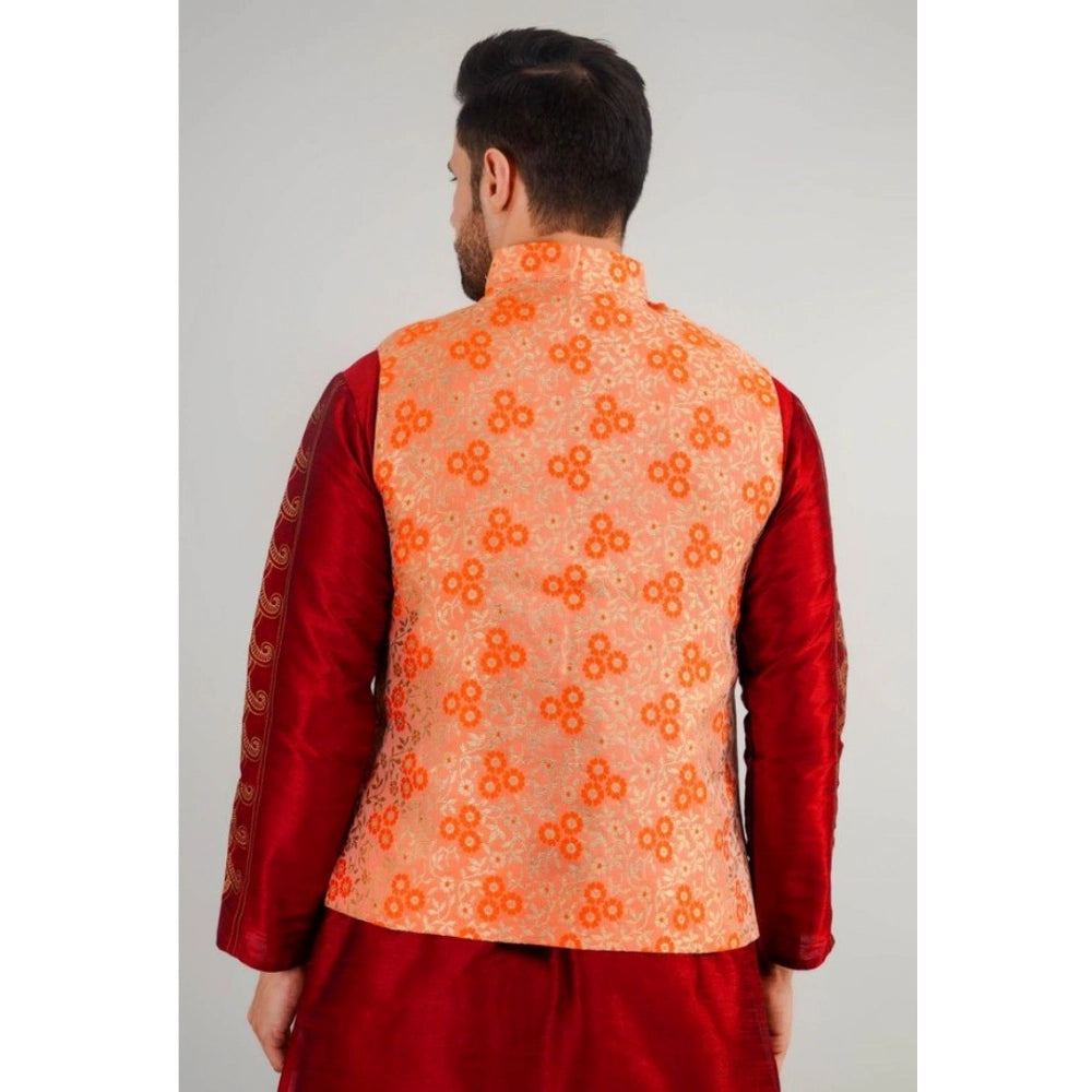 PKRKART Men's Jacquard Self-Design Sleeveless Mandarin Neck Waistcoat (Orange)