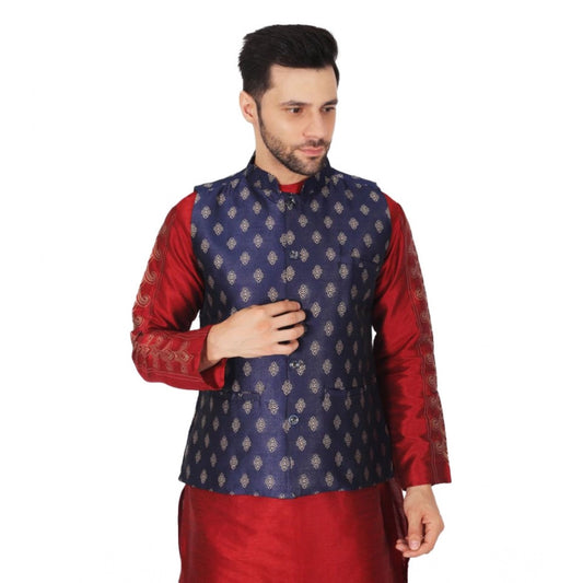 PKRKART Men's Jacquard Self-Design Sleeveless Mandarin Neck Waistcoat (NavyBlue-Gold)
