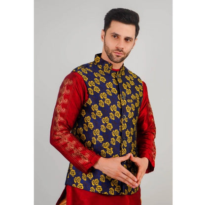 PKRKART Men's Jacquard Self-Design Sleeveless Mandarin Neck Waistcoat (Blue-Gold)