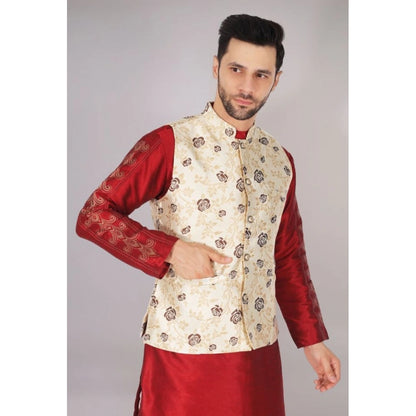 PKRKART Men's Jacquard Self-Design Sleeveless Mandarin Neck Waistcoat (Cream)