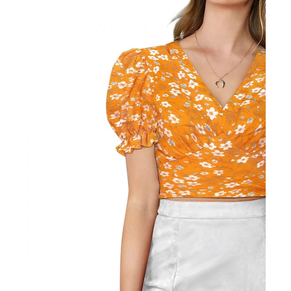PKRKART Women's Knitting Printed V-Neck Puff Sleeve Tops (Yellow)