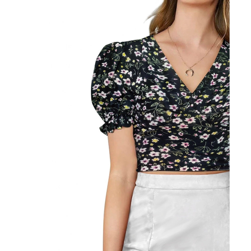 PKRKART Women's Knitting Printed V-Neck Puff Sleeve Tops (Black)