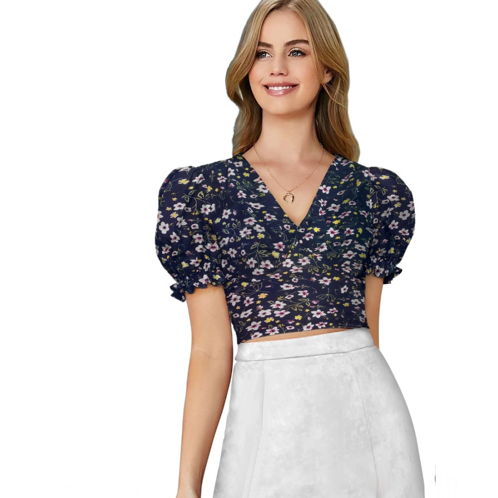 PKRKART Women's Knitting Printed V-Neck Puff Sleeve Tops (Navy Blue)