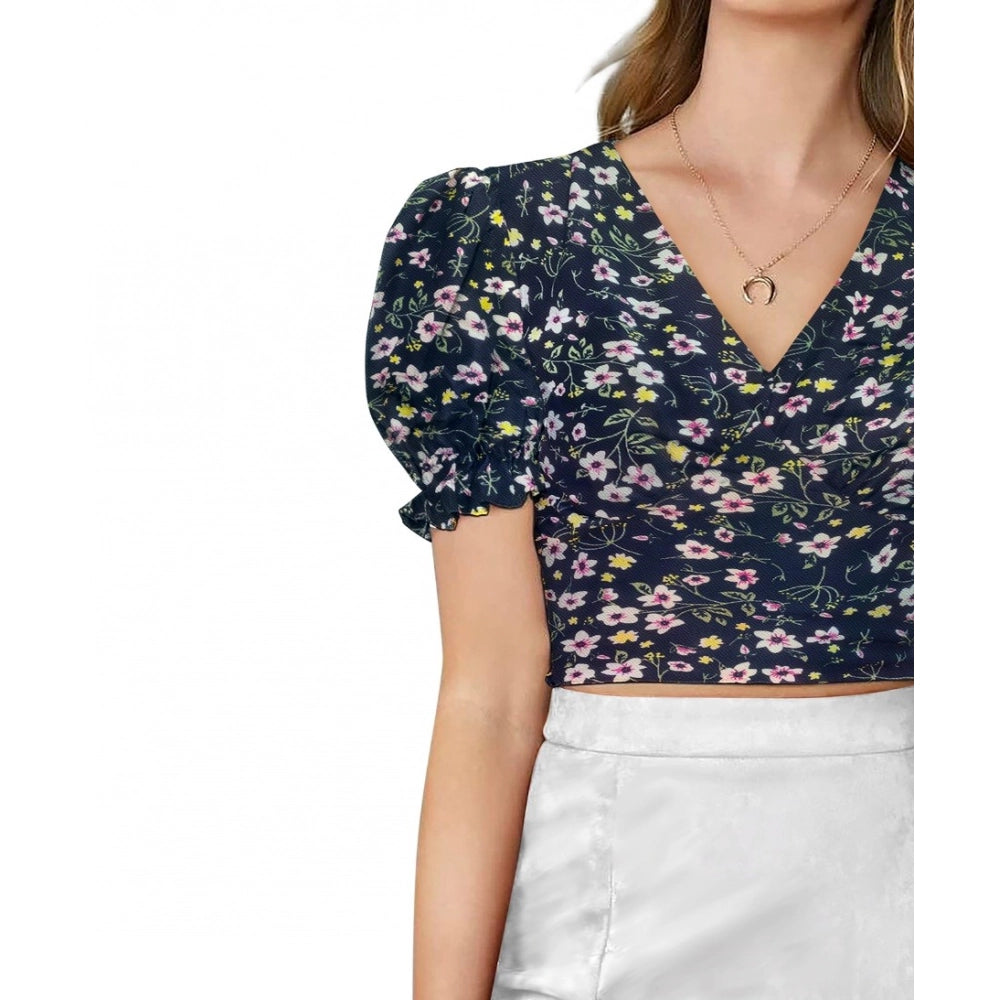 PKRKART Women's Knitting Printed V-Neck Puff Sleeve Tops (Navy Blue)