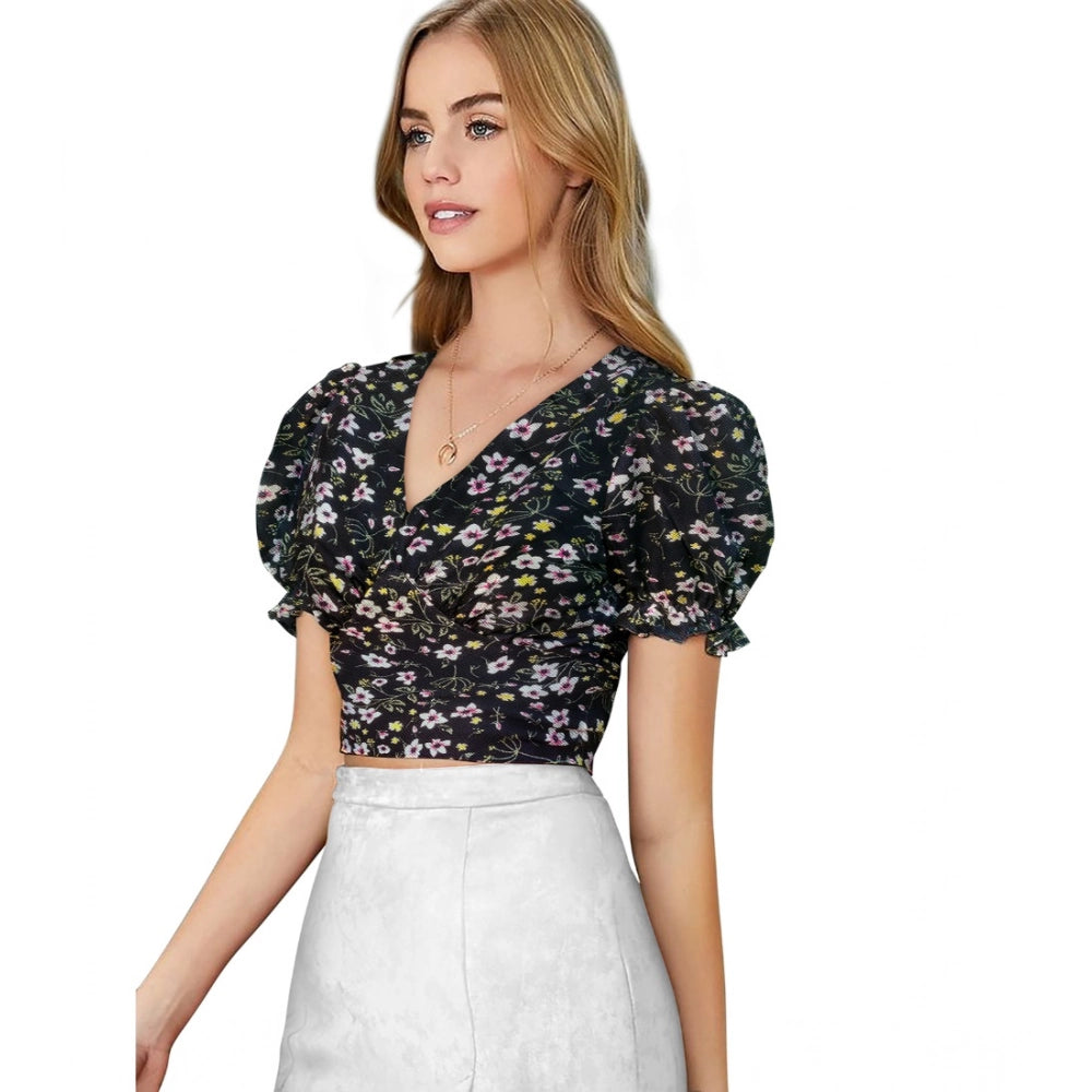 PKRKART Women's Knitting Printed V-Neck Puff Sleeve Tops (Black)