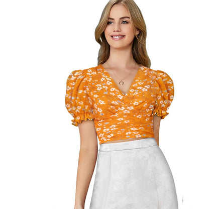 PKRKART Women's Knitting Printed V-Neck Puff Sleeve Tops (Yellow)