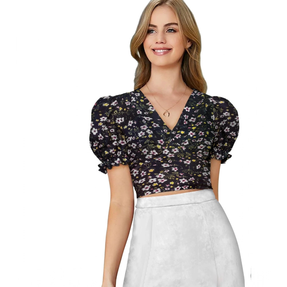 PKRKART Women's Knitting Printed V-Neck Puff Sleeve Tops (Black)