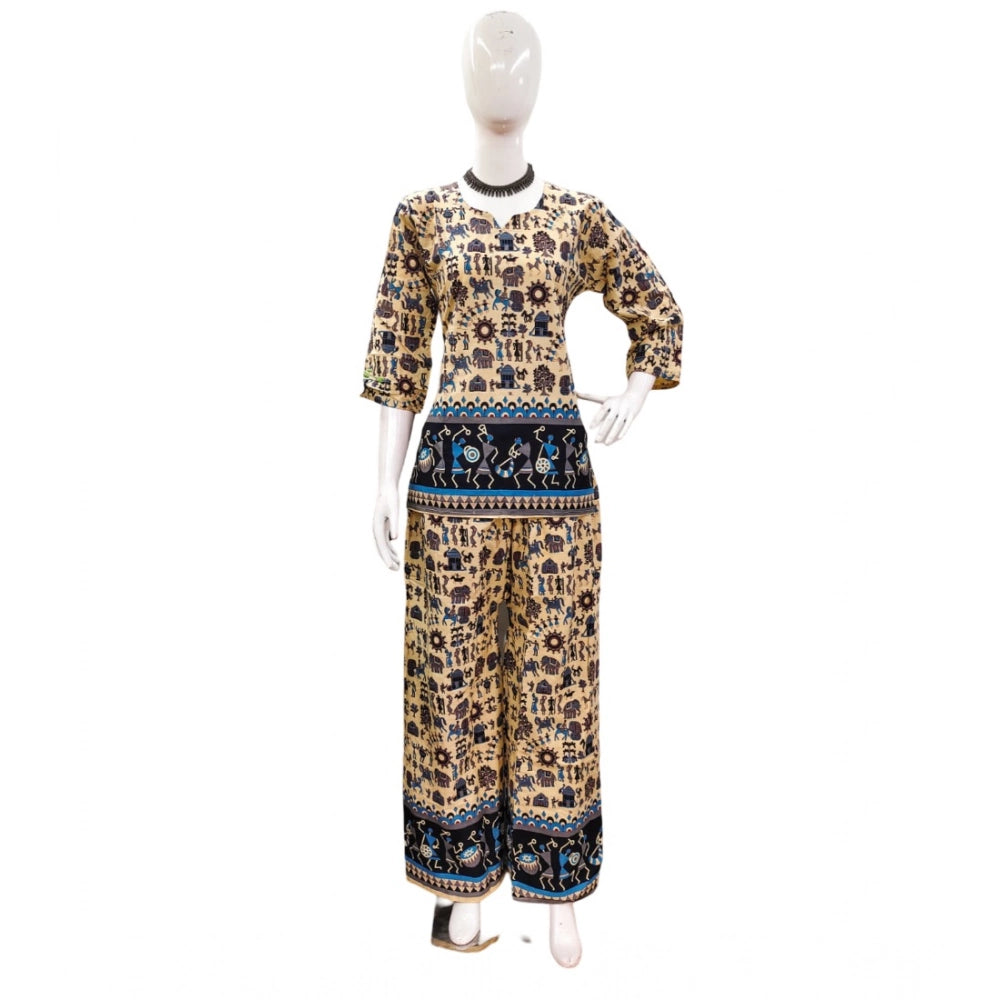 PKRKART Women's Cotton Jaipuri Printed 3-4th Sleeve Co ord Set (Multicolor)