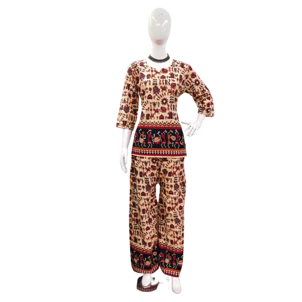 PKRKART Women's Cotton Jaipuri Printed 3-4th Sleeve Co ord Set (Multicolor)