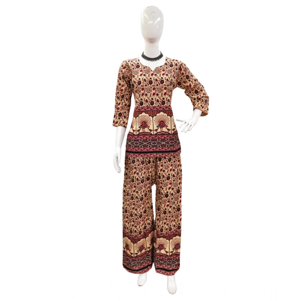 PKRKART Women's Cotton Jaipuri Printed 3-4th Sleeve Co ord Set (Multicolor)