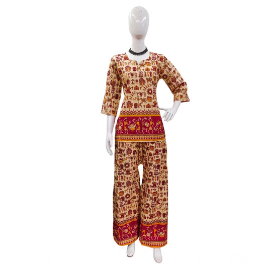 PKRKART Women's Cotton Jaipuri Printed 3-4th Sleeve Co ord Set (Multicolor)