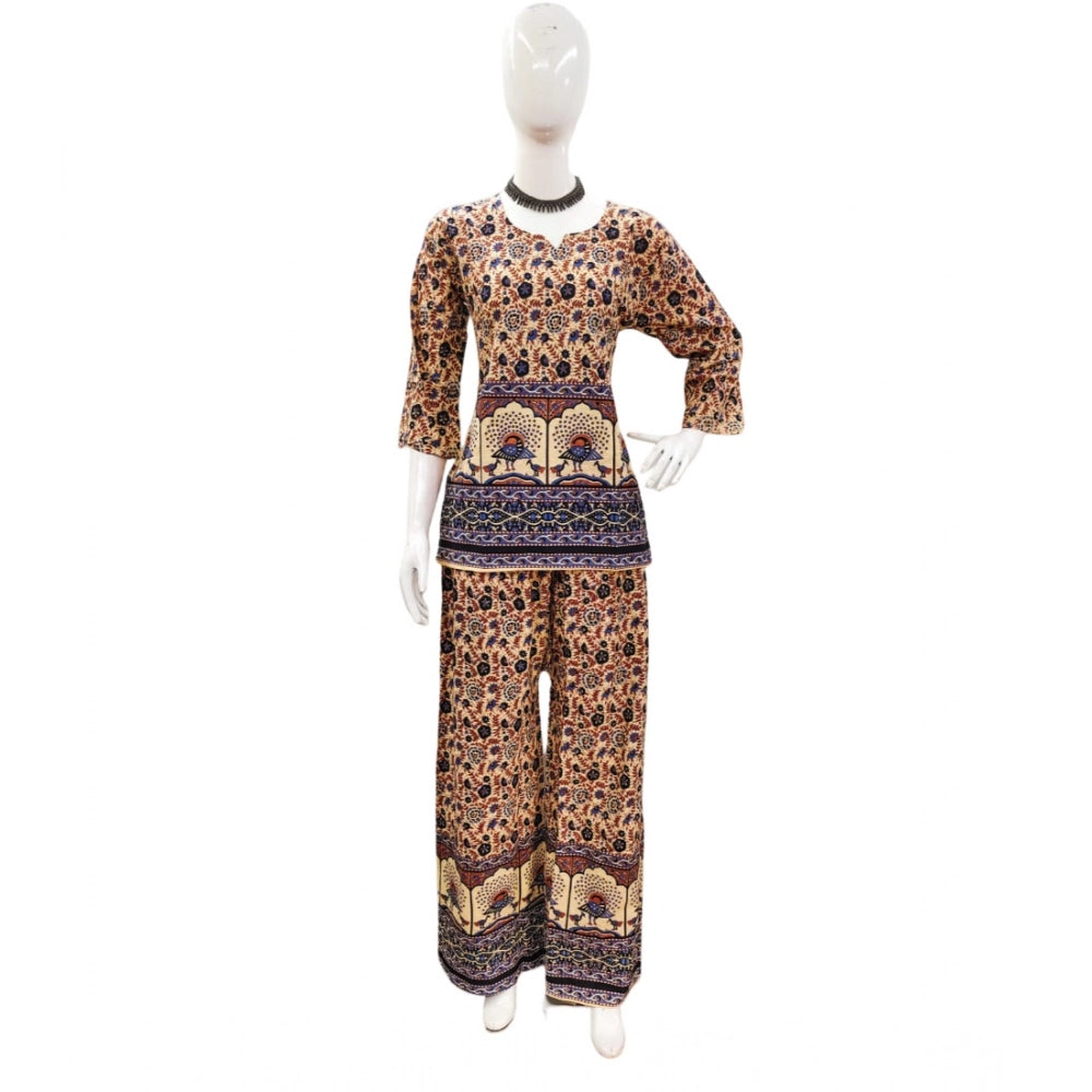 PKRKART Women's Cotton Jaipuri Printed 3-4th Sleeve Co ord Set (Multicolor)