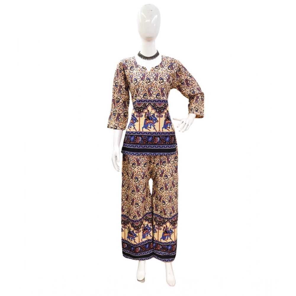 PKRKART Women's Cotton Jaipuri Printed 3-4th Sleeve Co ord Set (Multicolor)