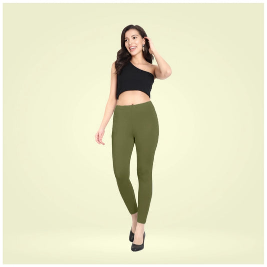 PKRKART Women's Cotton Blended Solid Ankle legging (Olive Green)