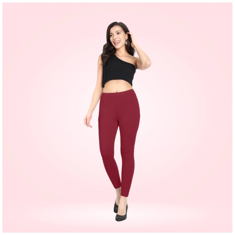 PKRKART Women's Cotton Blended Solid Ankle legging (Red Maroon)