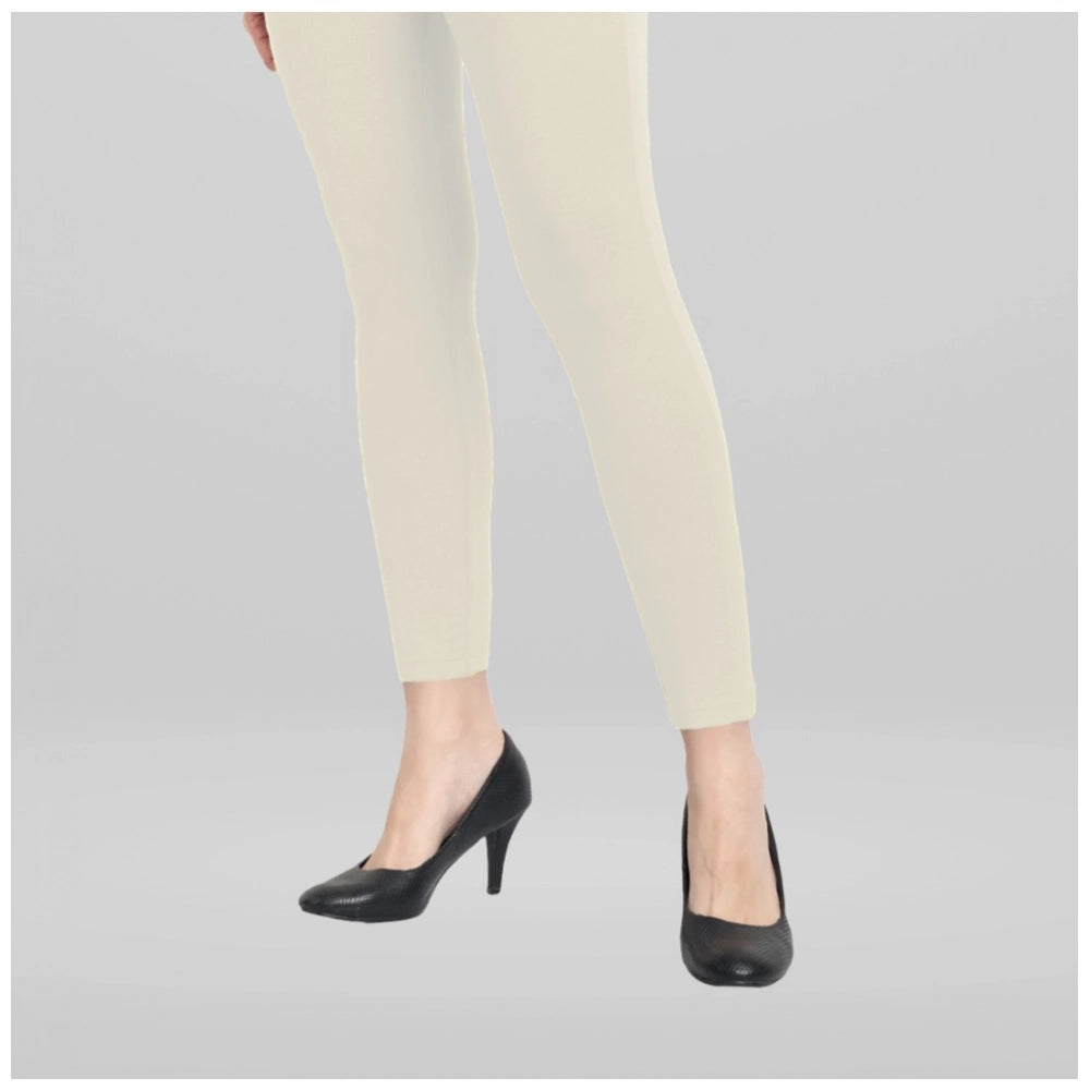 PKRKART Women's Cotton Blended Solid Ankle legging (Off White)