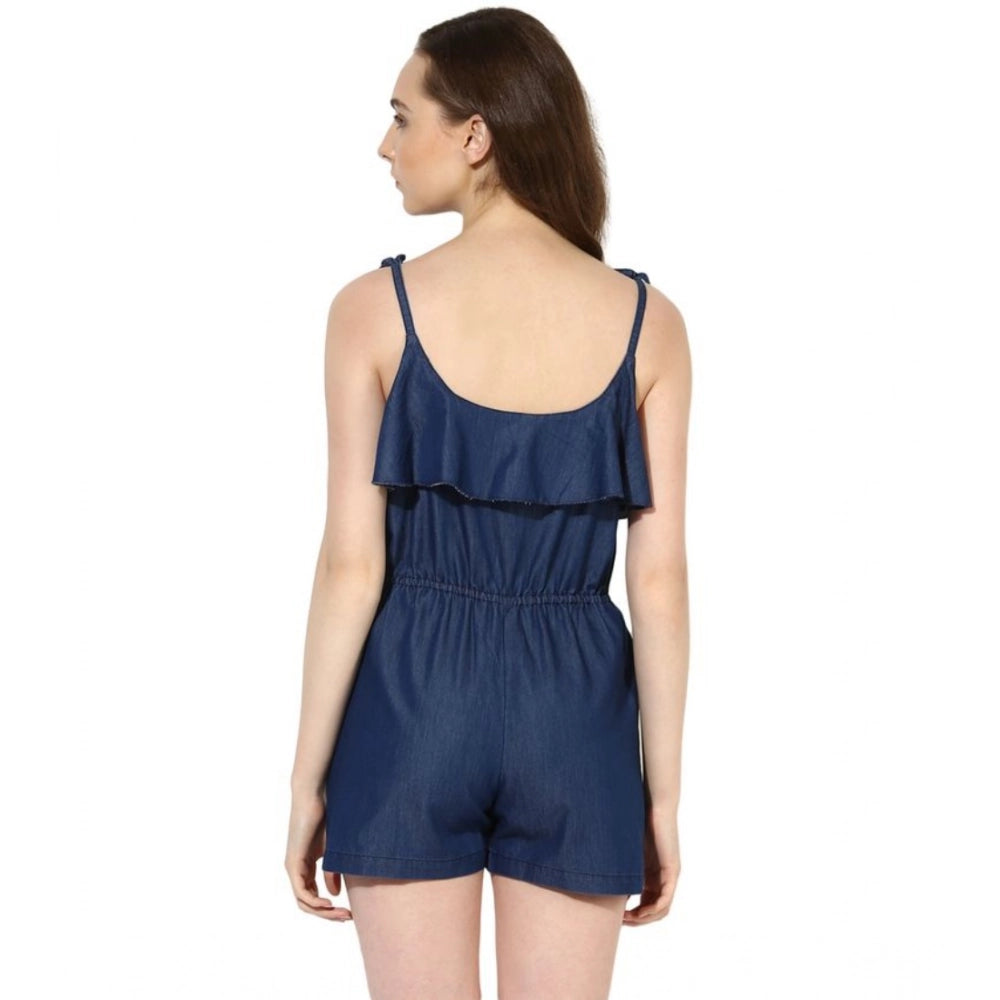 PKRKART Women's Denim Ruffled Shoulder Straps Jumpsuit (Blue)