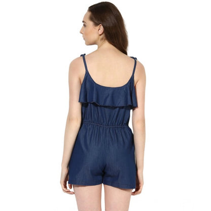 PKRKART Women's Denim Ruffled Shoulder Straps Jumpsuit (Blue)