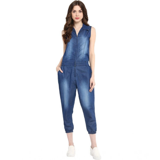 PKRKART Women's Denim Solid Sleeveless Jumpsuit (Blue)