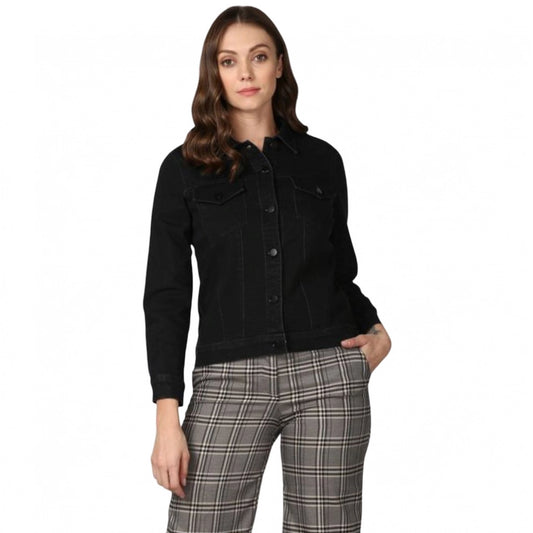 PKRKART Women's Denim Solid Long Sleeve Jacket (Black)