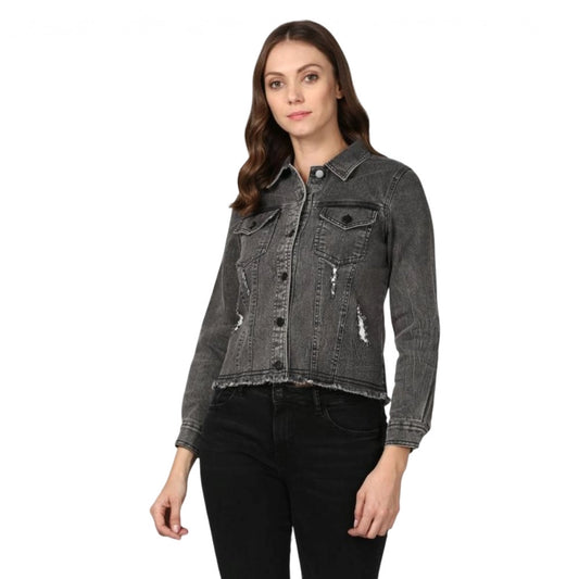 PKRKART Women's Denim Distressed Long Sleeve Jacket (Black)