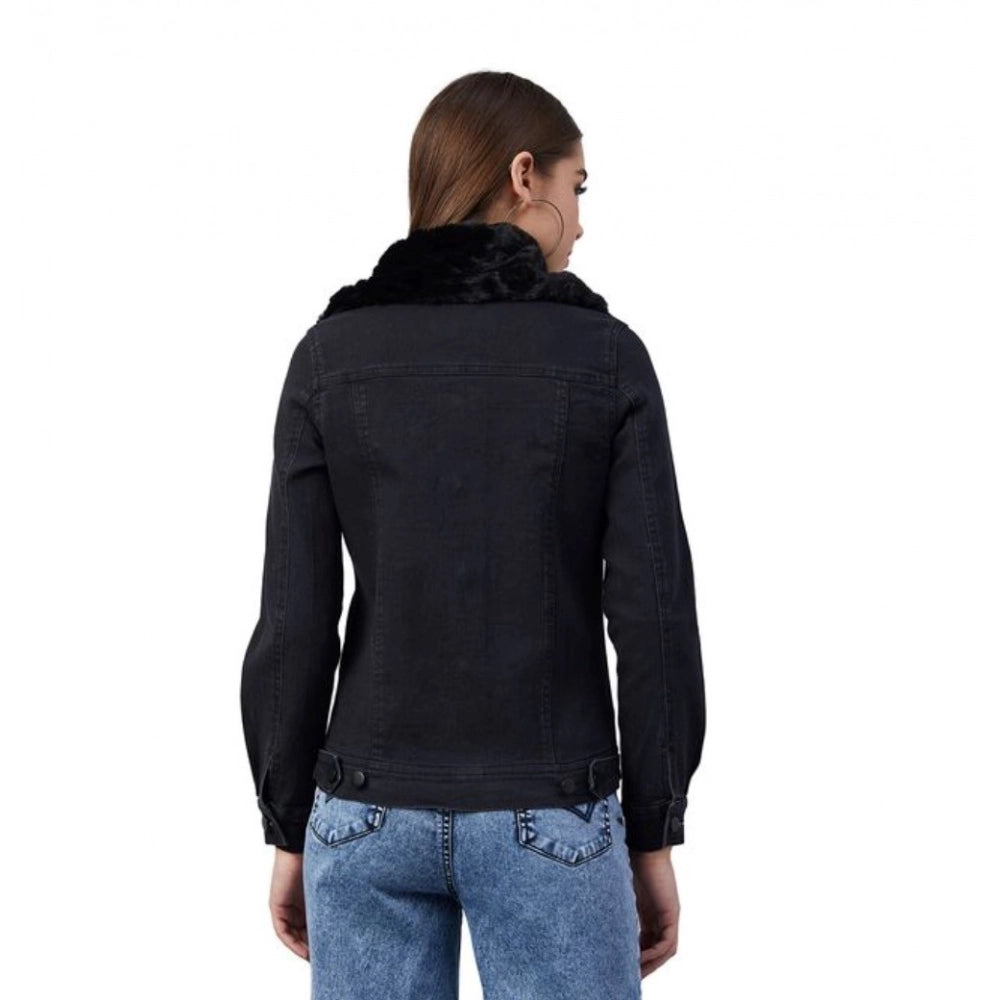 PKRKART Women's Denim &amp; Faux Fur Washed Long Sleeve Jacket (Black)