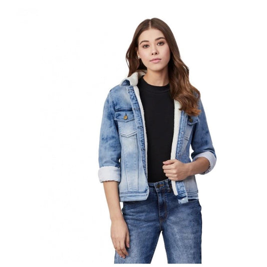 PKRKART Women's Denim Washed Long Sleeve Jacket (Blue)
