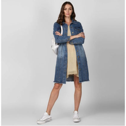 PKRKART Women's Denim Washed Long Sleeve Jacket (Blue)