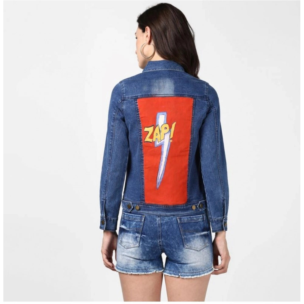 PKRKART Women's Denim Hand Painted Long Sleeve Jacket (Blue)