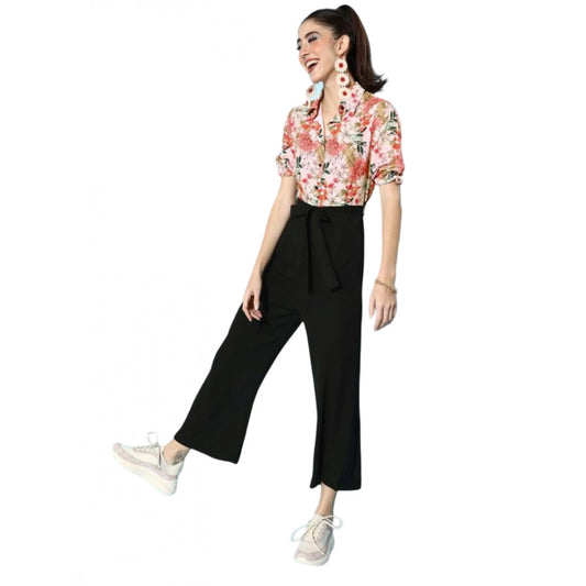 PKRKART Women's Polyester Printed 3/4th Sleeve Jumpsuit (Peach - Black)