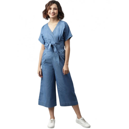 PKRKART Women's Denim Solid Half Sleeve Jumpsuit (Blue)
