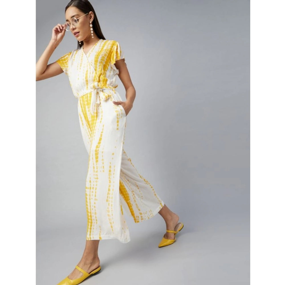 PKRKART Women's Rayon Striped Short Sleeve Jumpsuit (Yellow - White)