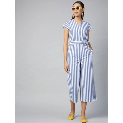 PKRKART Women's Cotton-Polyester Blend Striped Short Sleeve Jumpsuit (Blue)
