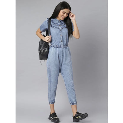 PKRKART Women's Denim Self Design Tie Ups Jumpsuit (Blue)