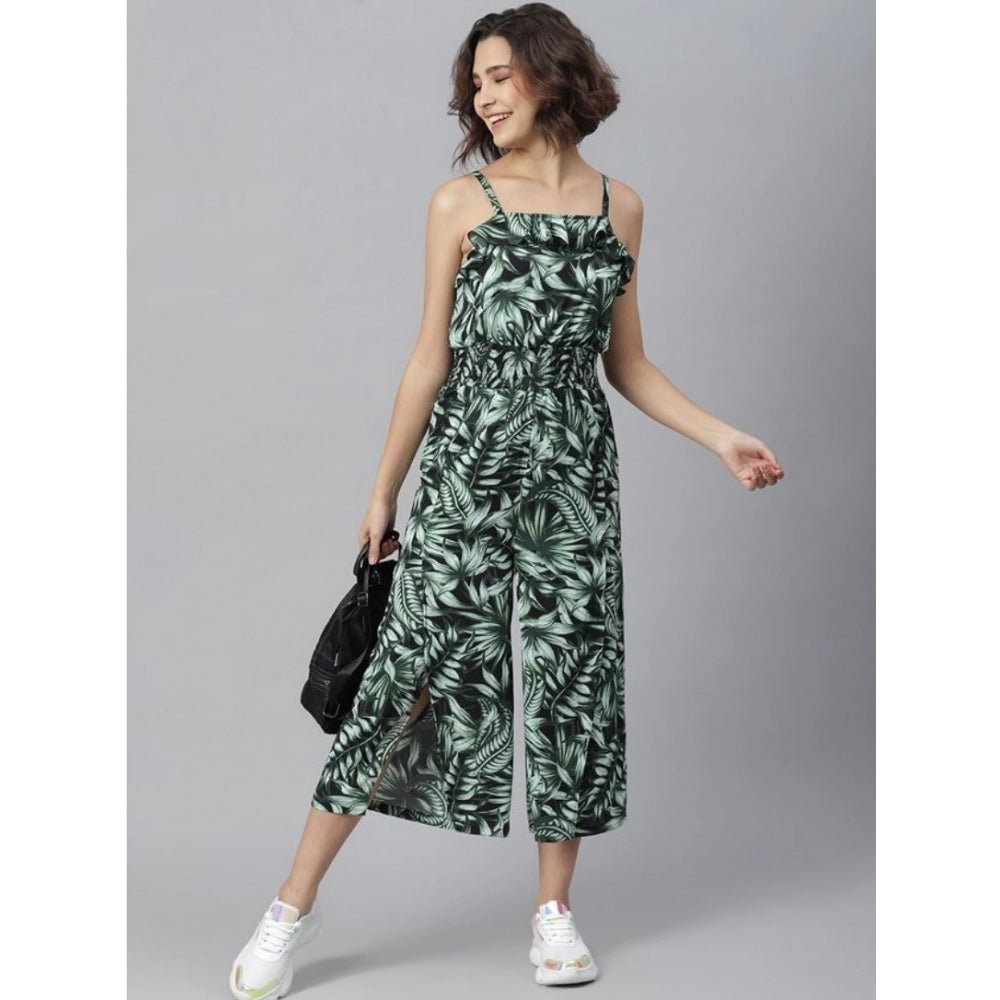 PKRKART Women's Polyester Printed Shoulder Straps Jumpsuit (Black - Green)