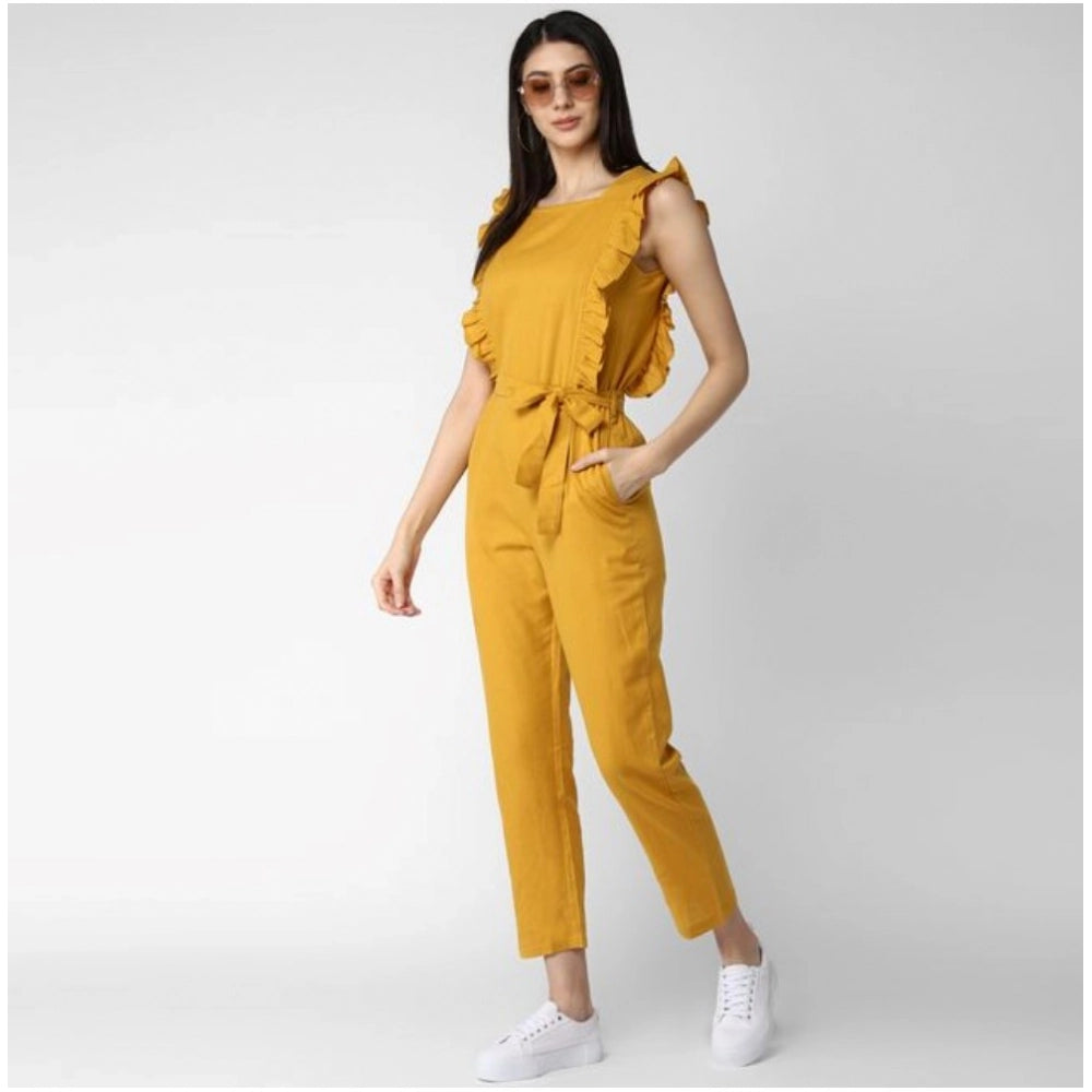 PKRKART Women's Cotton Linen Solid Sleeveless Jumpsuit (Yellow)