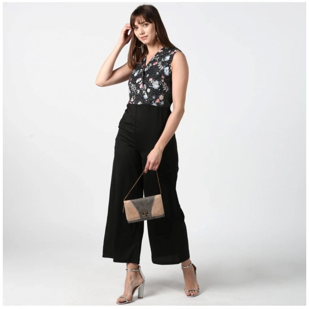 PKRKART Women's Polyester Embroidered Sleeveless Jumpsuit (Black)