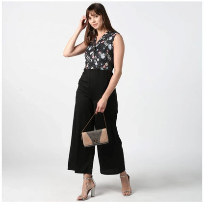 PKRKART Women's Polyester Embroidered Sleeveless Jumpsuit (Black)