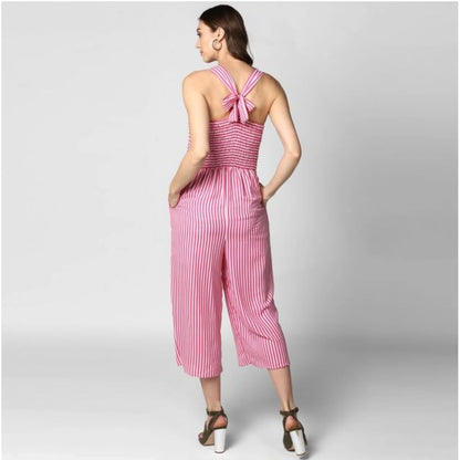 PKRKART Women's Polyester Striped Sleeveless Jumpsuit (Pink)