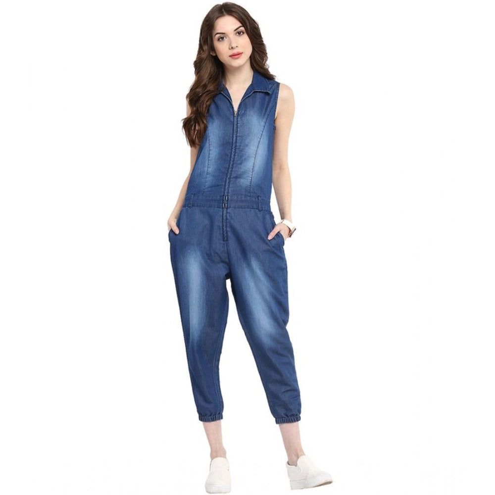 PKRKART Women's Denim Solid Sleeveless Jumpsuit (Blue)