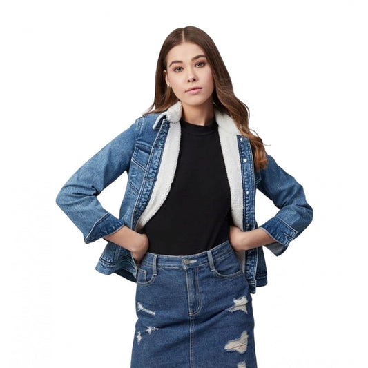 PKRKART Women's Denim Washed Long Sleeve Jacket (Blue)