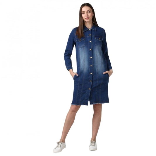 PKRKART Women's Denim Washed Long Sleeve Jacket (Navy Blue)