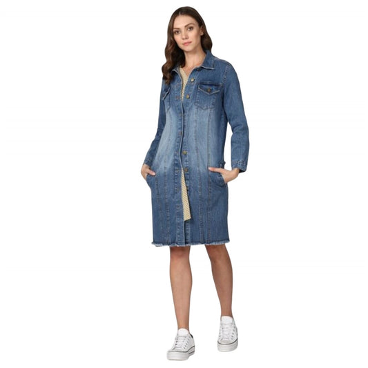 PKRKART Women's Denim Washed Long Sleeve Jacket (Blue)