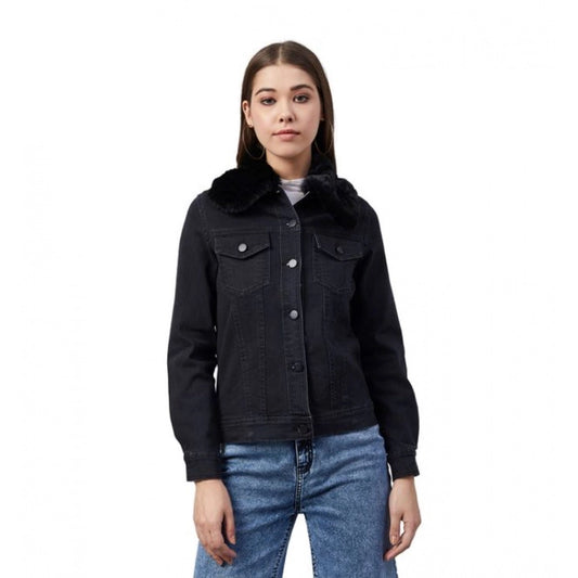 PKRKART Women's Denim &amp; Faux Fur Washed Long Sleeve Jacket (Black)