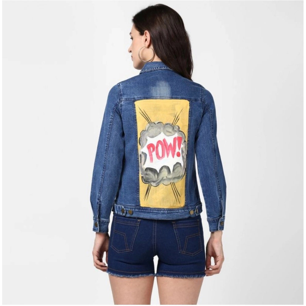 PKRKART Women's Denim Hand Painted Long Sleeve Jacket (Blue)