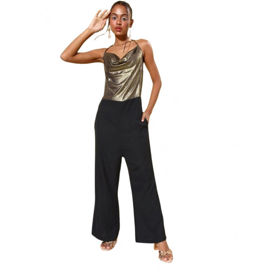 PKRKART Women's Polyester Embellished Sleeveless Jumpsuit (Gold)
