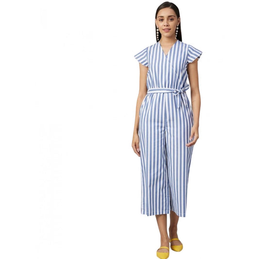 PKRKART Women's Cotton-Polyester Blend Striped Short Sleeve Jumpsuit (Blue)