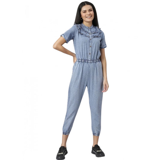 PKRKART Women's Denim Self Design Tie Ups Jumpsuit (Blue)